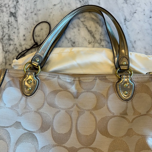 Coach gold and tan jacquard fabric tote with tan trim, pink satin lining. - Picture 7 of 12